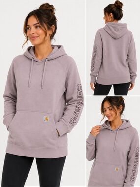 Carhartt Rain Defender Women’s Mauve Hoodie Medium Relaxed Fit Sleeve Logo